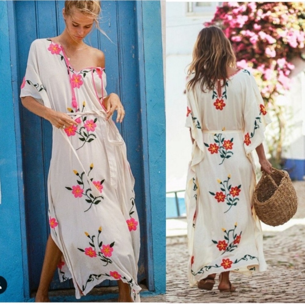 Sold  elsewhere Spell  Sayulita Kaftan with Pink and Green Embroidery Size S/M - Picture 2 of 13